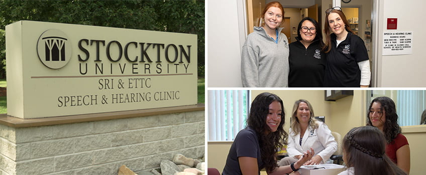 Speech and Hearing Clinic sign and student and staff assisting