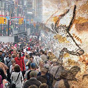 Crowded city street and ancient cave drawing