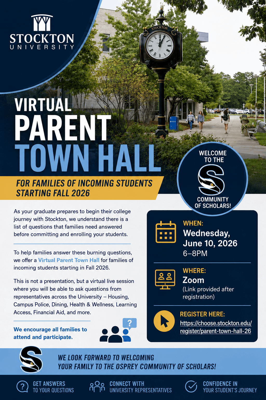 Virtual parent town hall for families of students starting at Stockton in fall 2026