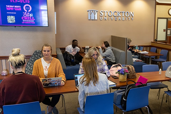Students studying in the Manahawkin lounge space