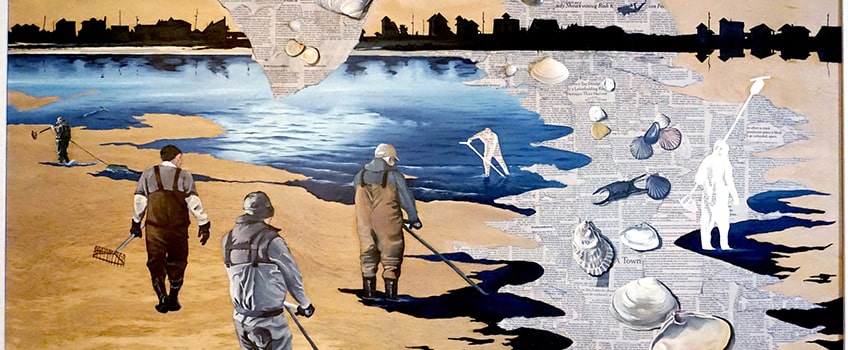 Painting depicting a beach clean up