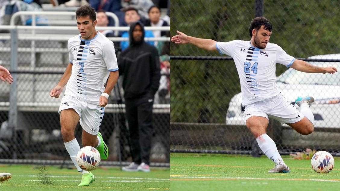 side-by-side photo showing Aiden Hoenisch and James McCombs playing soccer