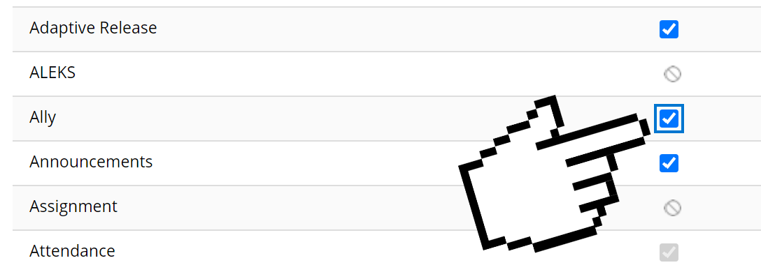 A screenshot of a Blackboard Classic View course, indicating towards the Ally availability checkbox.