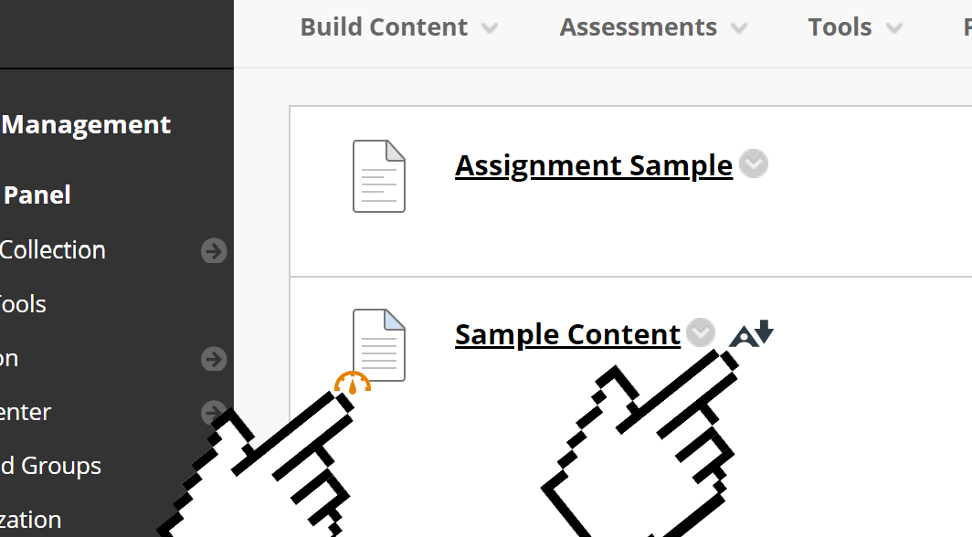 A screenshot of a Blackboard Classic View course, demonstrating a file with alternative format and accessibility meter icons.