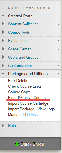 A screenshot of a Blackboard course, with the "export/archive course" link highlighted within the "Packages and Utilities" menu.