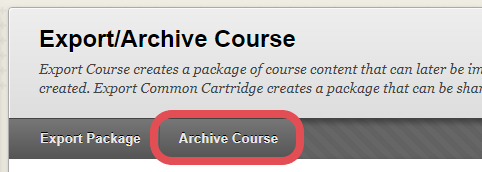 A screenshot of Blackboard's Export/Archive Course page, with the Archive Course button highlighted.