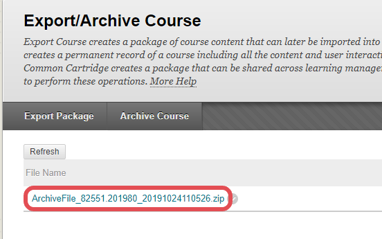 A screenshot of the Export/Archive course page in Blackboard, highlighting the link to a recently created course archive package.