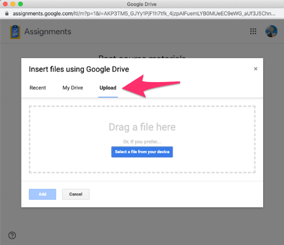 A screenshot of the Google Drive upload interface within Blackboard.