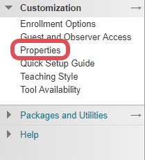 A screenshot of the left-hand navigation menu in Blackboard, highlighting the Customization menu and the "properties" option.