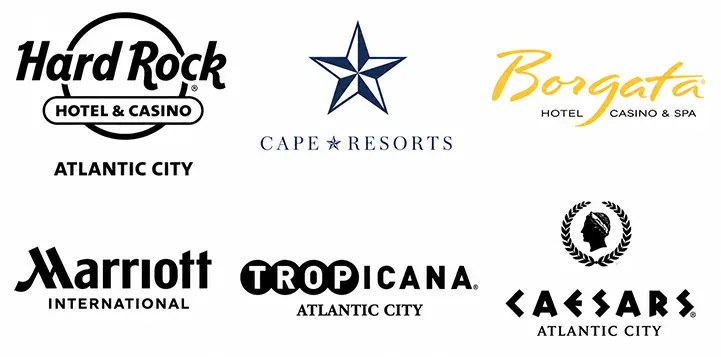 Logos of hospitality internship partners Hard Rock, Cape Resorts, Borgata, Marriott, Tropicana and Caesars Atlantic City.
