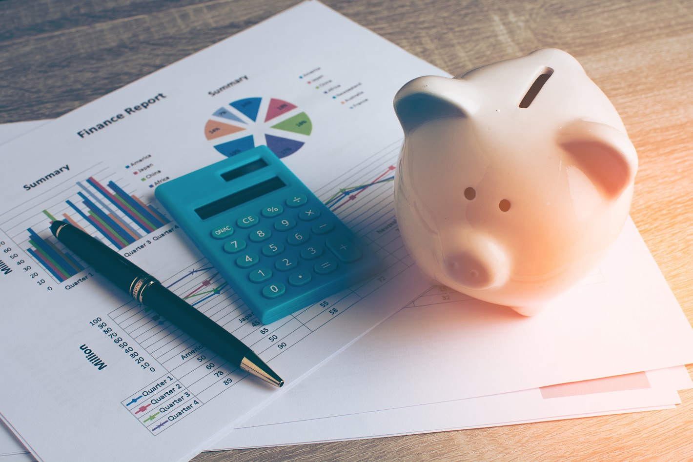 Financial report and piggy bank