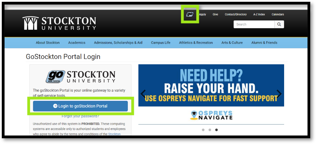 Screenshot of log in page to Portal