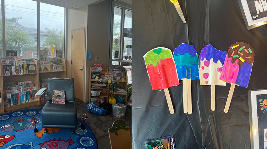 Photos from Taina's project: a chair with "Paletero Man" and crafts that the students created