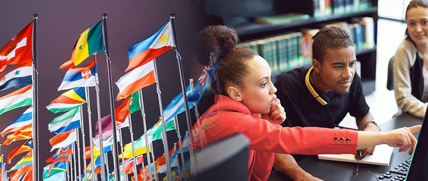 Collage of world flags and students working together