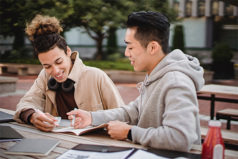 Stock image of an Asian student and friend studying