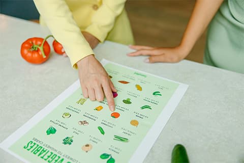 A stock image of women looking at a chart of healthy food