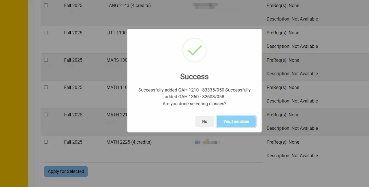Screenshot of the course selection success message confirmation