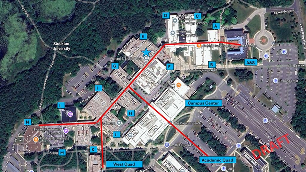 Aerial view of academic building showing the locations of areas being improved.