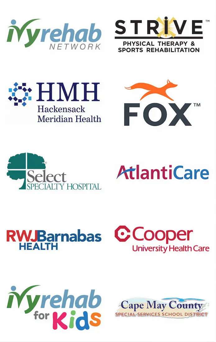 Logos of Stockton DPT clinical partners: Ivy Rehab, Strive Physical Therapy, Hackensack Meridian Health, FOX Rehabilitation, Select Specialty Hospital, AtlantiCare, RWJBarnabas Health, Cooper University Health Care, Ivy Rehab for Kids, and Cape May County Special Services School District.