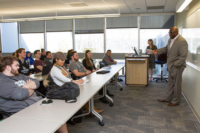 Troy Singleton speaking to students