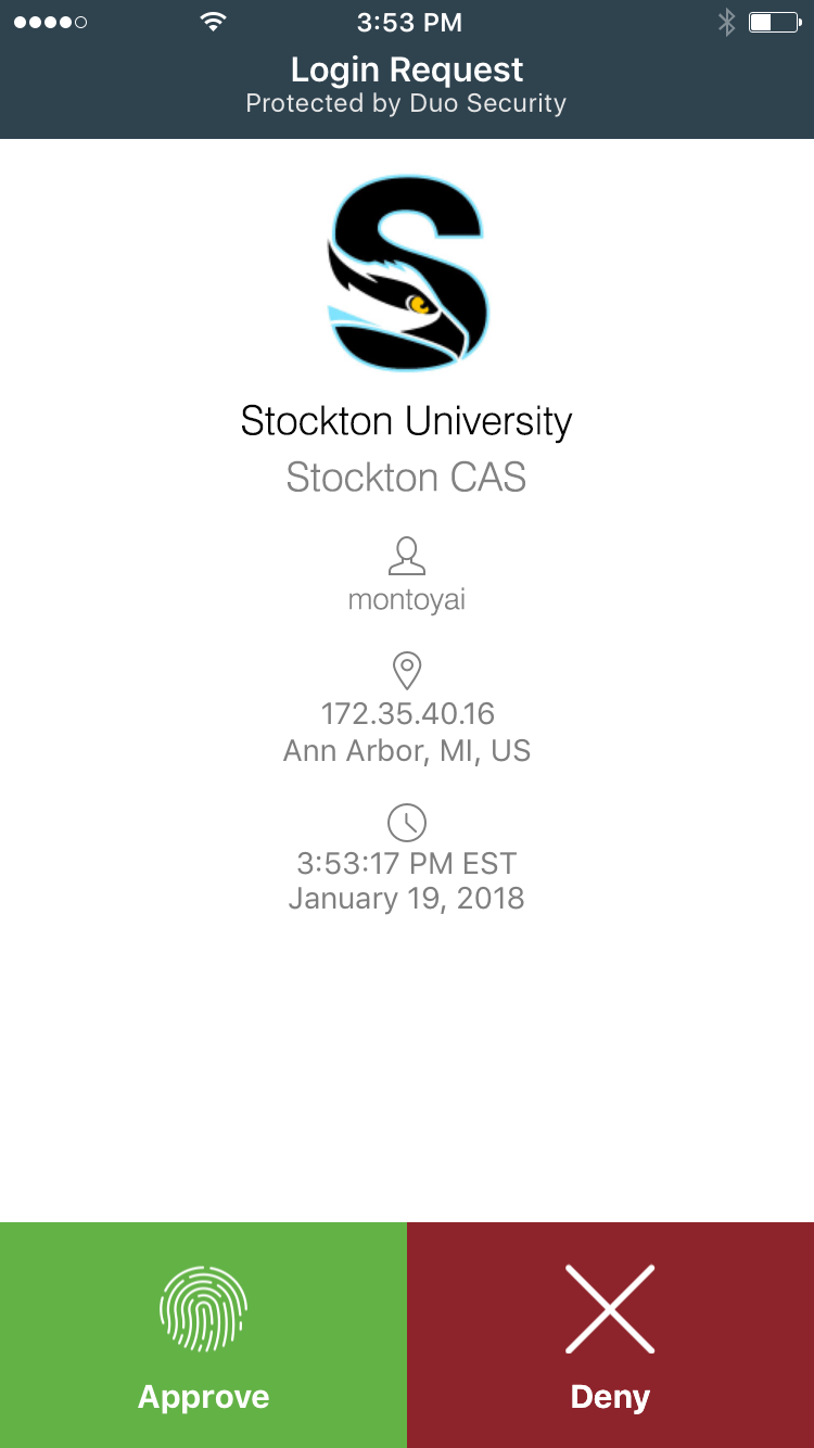 A screenshot showing a login request with an approve and deny button in the Duo Mobile app