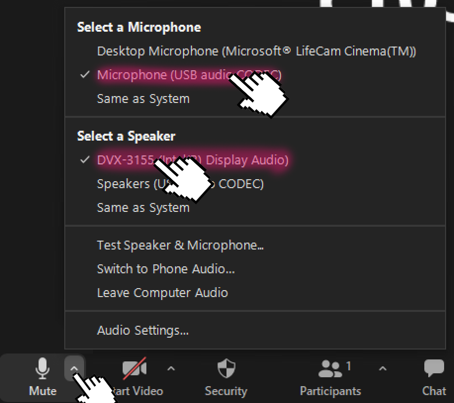 A screenshot of the Zoom audio selection menu, with arrows indicating towards the "Microphone (USB Audio Codec)" microphone option and the "DVX-3155" speaker option.