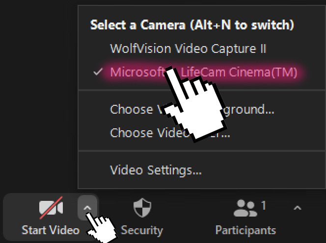 A screenshot of the Zoom video selection menu, with arrows indicating towards the "Microsoft Lifecam" camera option.