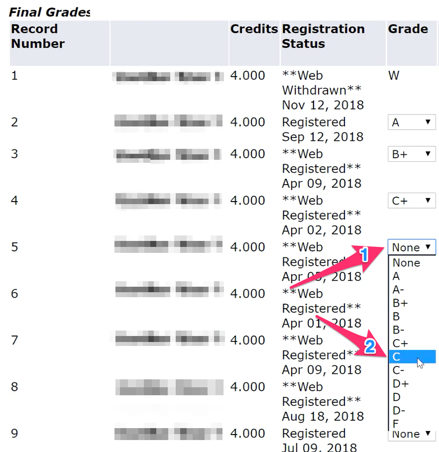 A screenshot depicting the final grade input screen.