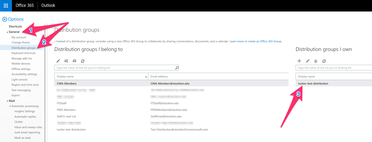 A screenshot detailing the locations of the general and distribution lists menu entries in outlook web