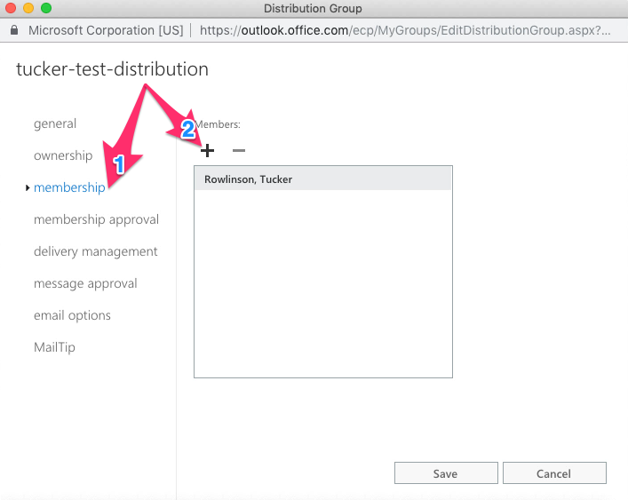 A screenshot detailing the locations of the membership panel and add members button in outlook web