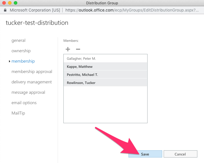 A screenshot detailing the location of the save button in outlook web