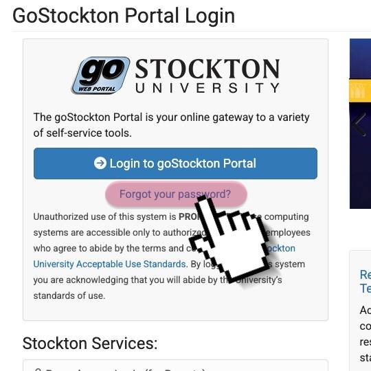 A screenshot of the GoStockton Portal login page, highlighting the "Forgot your username or password" link.