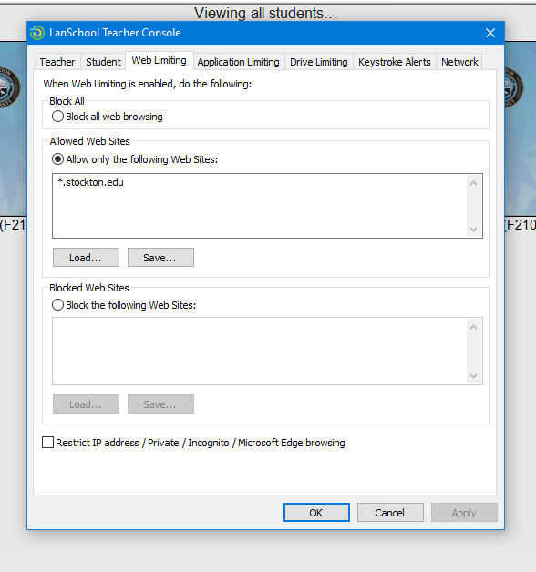 A screenshot of the LanSchool website filtering configuration dialog box.