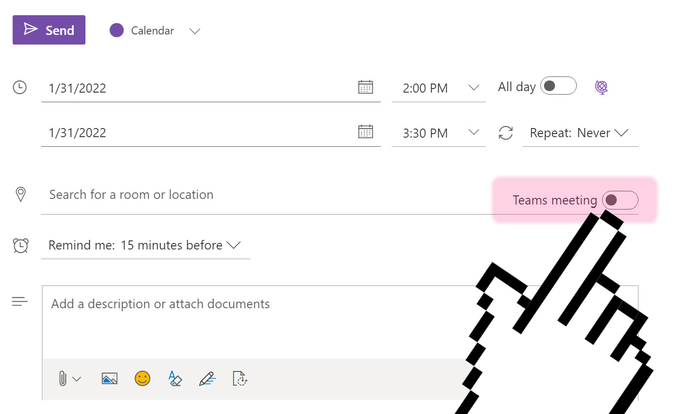 A screenshot of the Outlook Web New Event dialog, with a cursor indicating towards the "Teams Meeting" toggle that is set to "off"