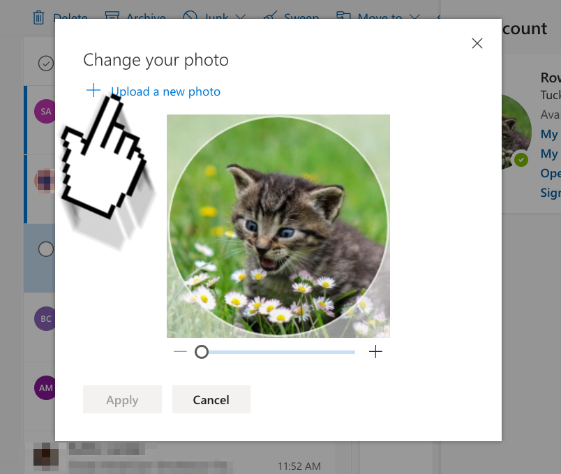 A screenshot of Outlook Web, an arrow is pointing towards the "upload a new photo" button