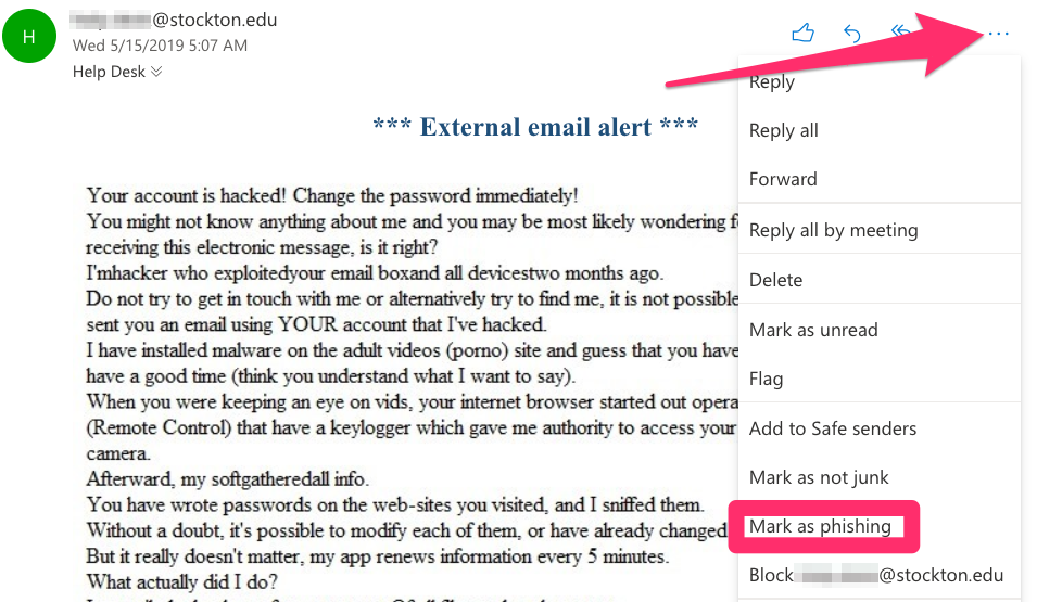 A screenshot depicting the "Mark as Phishing" button in Outlook Web.