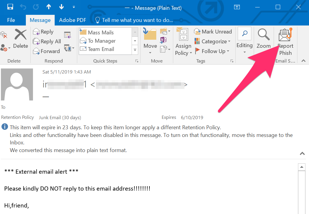 A screenshot depicting the "Report Phishing" button in the Outlook client for Windows.
