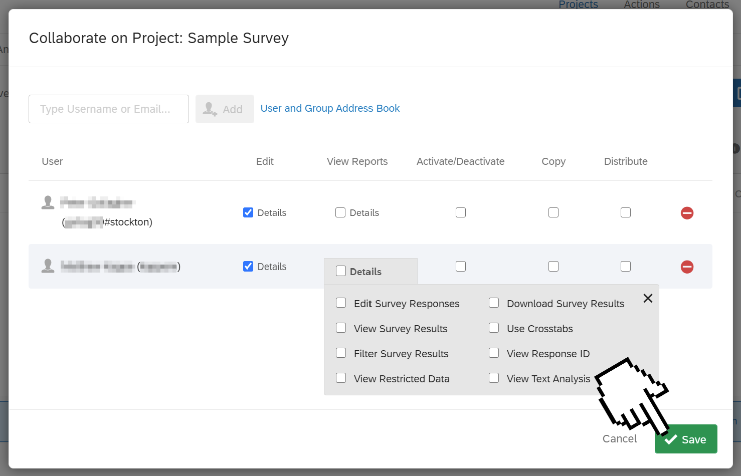 A screenshot of the qualtrics collaborate user list, with the detail menu expanded for View Reports column and a hand pointing to the Save button.