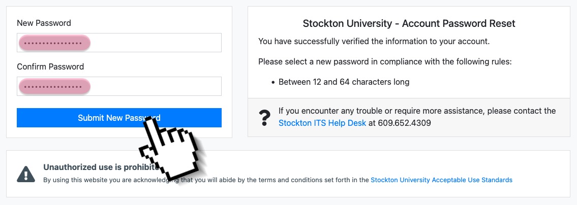 A screenshot of the GoStockton Portal password reset form. It indicates the two fields "new password" and "confirm password".