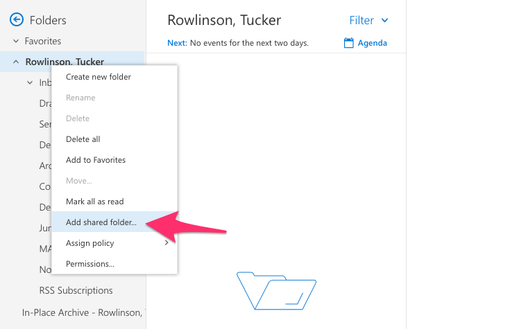Screenshot of outlook web with an arrow pointing to "add shared folder" button