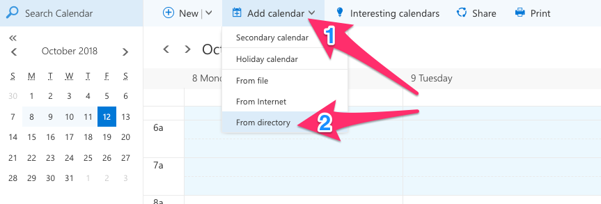 Screenshot of Outlook Web with an arrow labelled with the number 1 pointing to the "Add Calendar" button and an arrow labelled with the number 2 pointing at the "From Directory" button