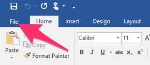 screenshot displaying the location of the File tab in Microsoft Word