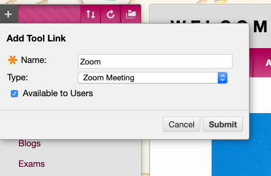 A screenshot showing the "Tool Link" dialog box, with "Zoom" in the "Name" field and "Zoom" selected in the "type" drop-down menu.