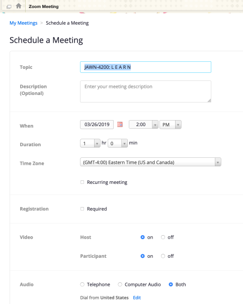 A screenshot showing the "Schedule a Meeting" page in Zoom.
