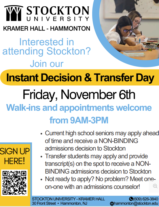 Event flyer for Stockton University Kramer Hall's Instant Decision & Transfer Day on Friday, November 6th, from 9 AM to 3 PM.