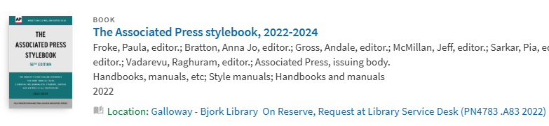 Example of a permanent reserve item. Location says On Reserve, Request at Library Service Desk