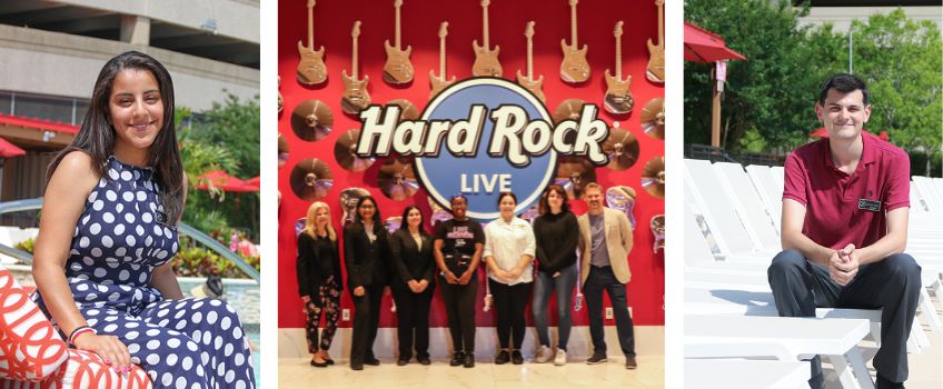 Collage of students experiencing Atlantic City - Dina Shenouda wears her Borgata work badge as part of the Summer work experience - Summer work experience student interns pose under the Hard Rock Logo they are wearing their work uniforms - Michael Mora wears his Borgata work badge as part of the summer work experience program. 