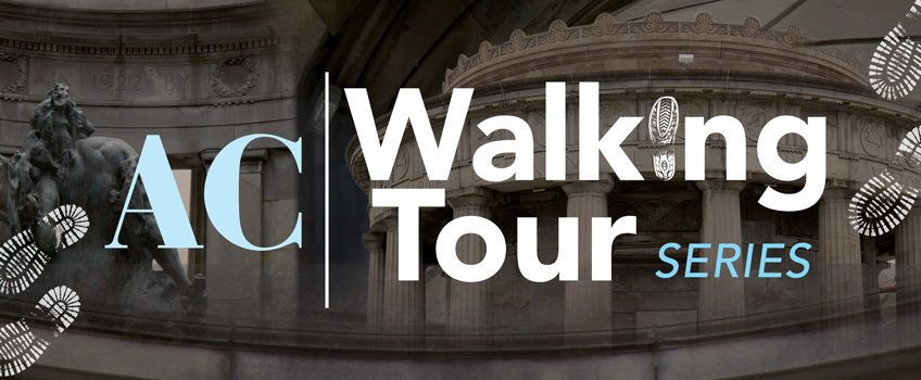 Logo for AC Walking Tour Series, includes footprints and photos of AC monuments