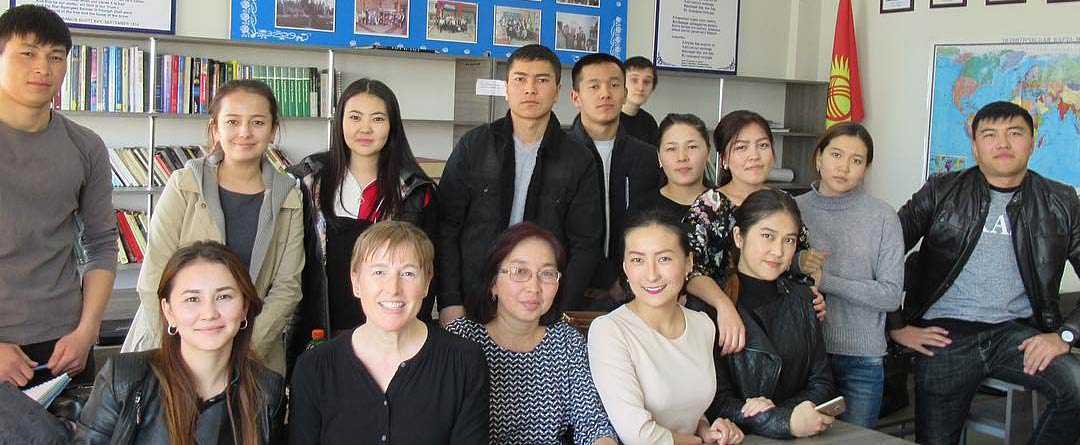 Kristin Jacobson with students at International University of Kyrgyzstan in Bishkek, Kyrgyzstan