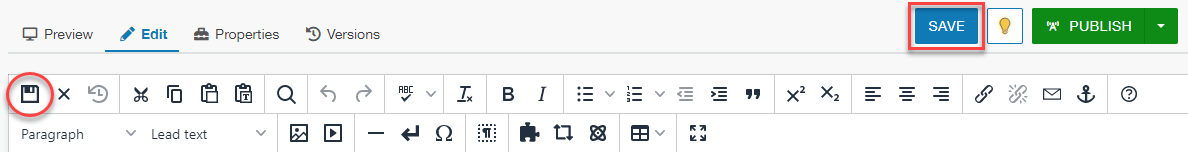 Modern Campus CMS page editor with save icon highlighted